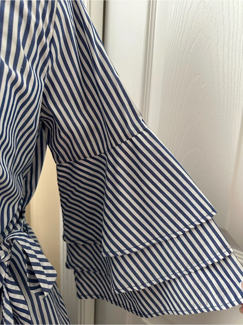 NWOT  Calvin Klein Navy and White Striped Wrap Midi Dress